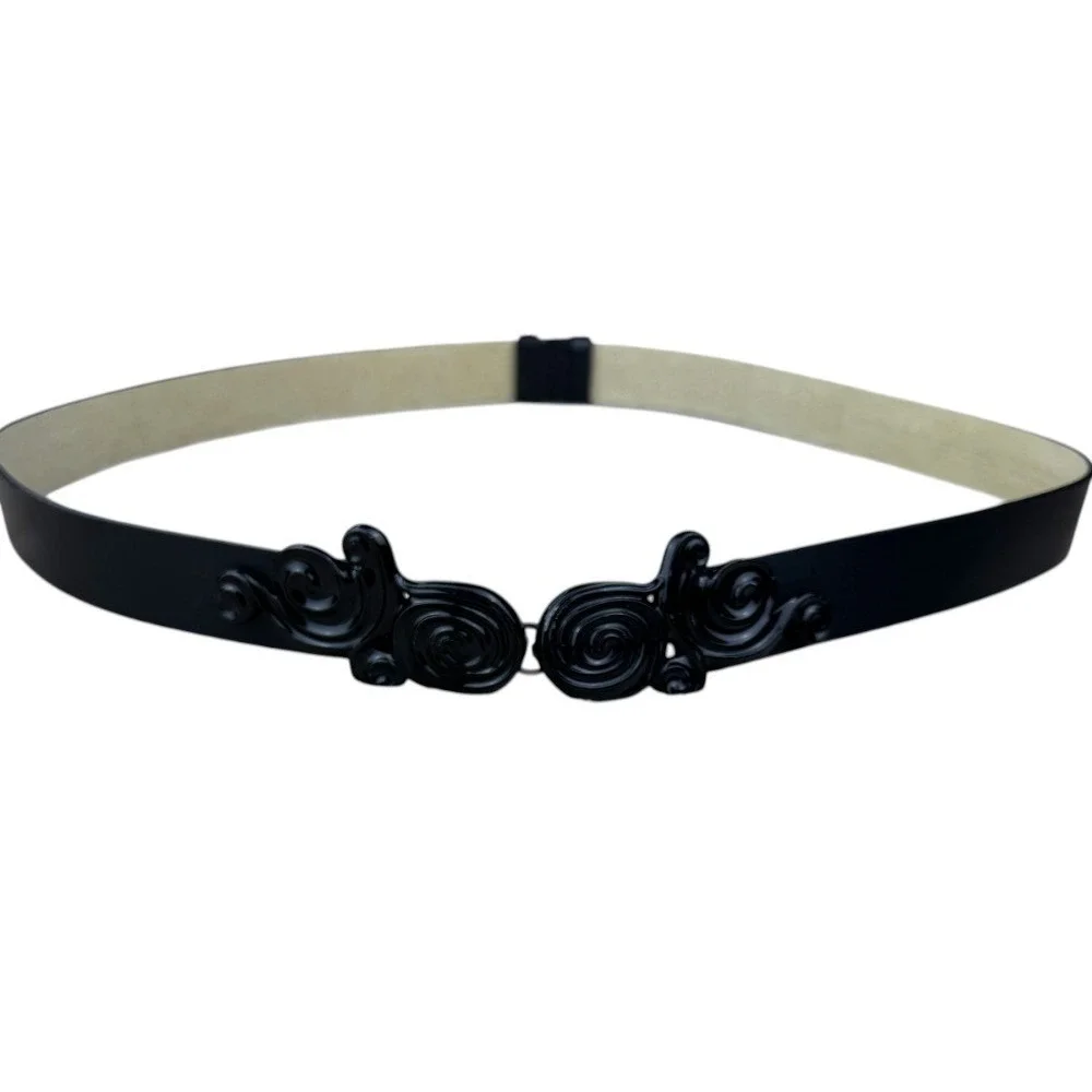 Chico's Black Leather Adjustable Belt M/L Decorative Black Scroll‎ Buckle Boho